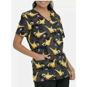 Disney Aladdin Women's Mock Wrap Scrub Top Shirt S or 2XL Medical Lamp Genie New